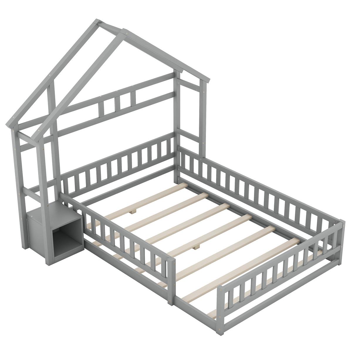 KINDERBETT 140x200 cm Hausbett Grau – Massivholz Bett mit Geländer & Nachttisch - Grau, Holz - Urban Meuble