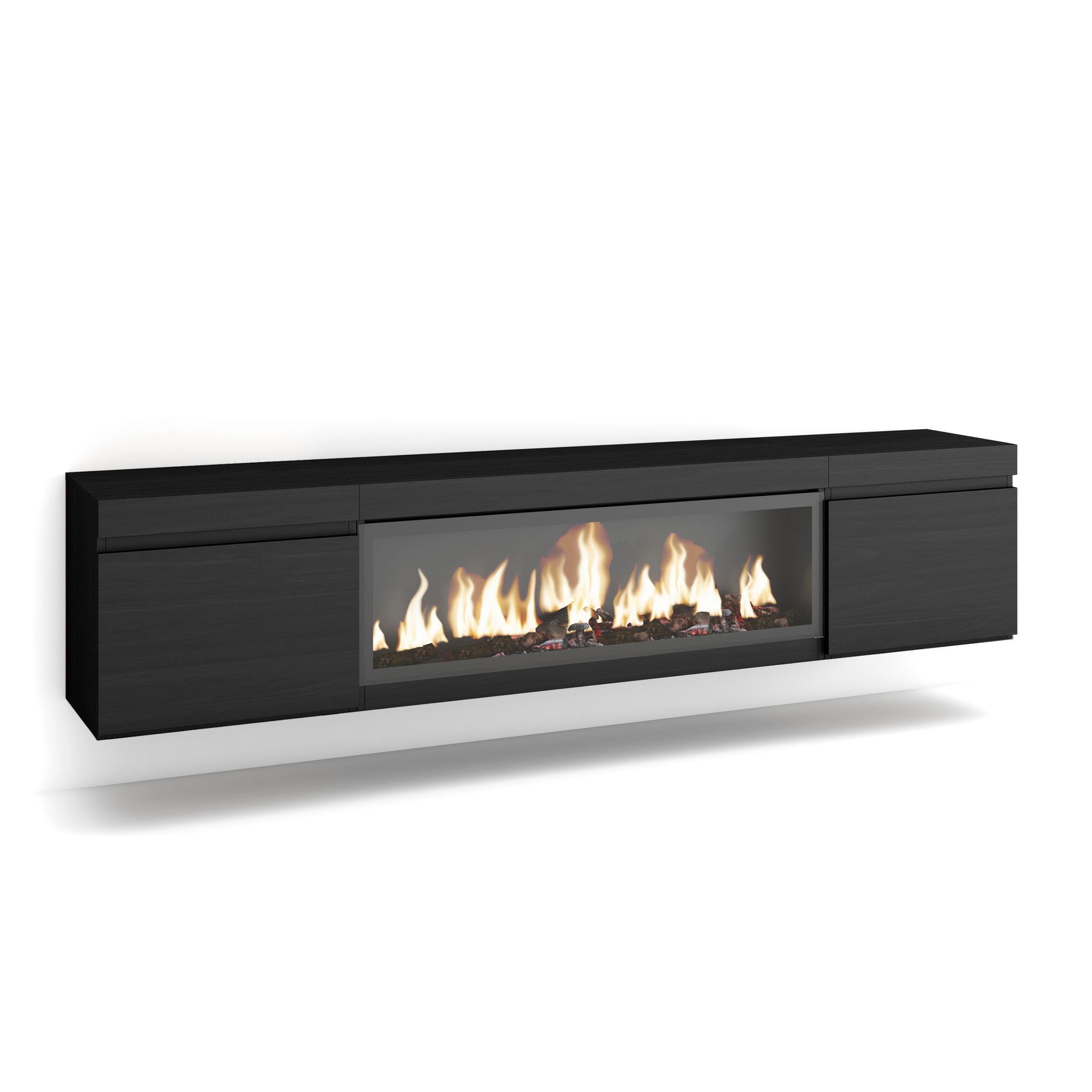 LOWBOARD, Tv-Schrank mit Elektrokamin XXL, Hängend, Schwarz, 208/35/45cm - Schwarz, Holzwerkstoff (208/45/35cm) - Skraut Home