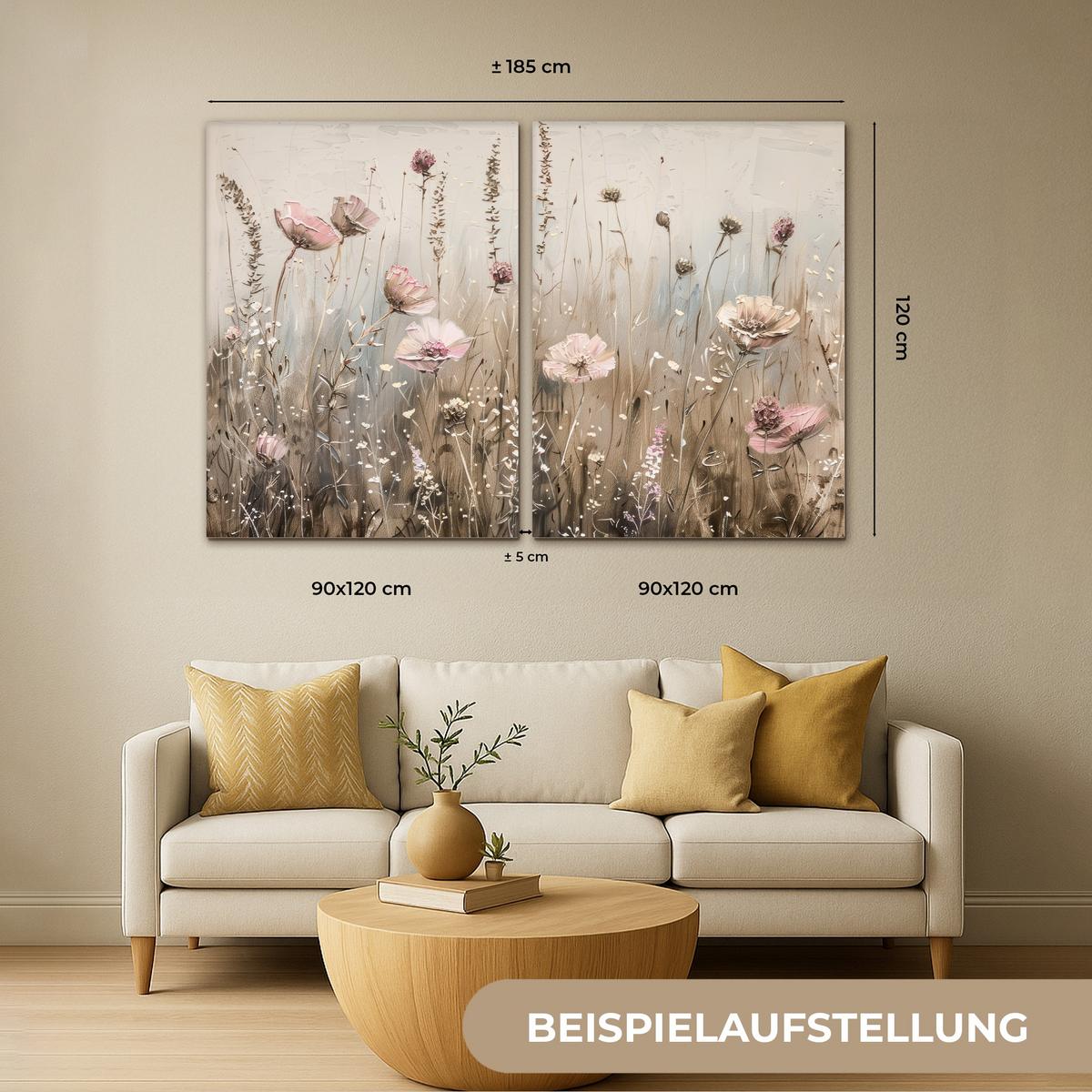 LEINWANDBILD 2er Set Blumen - Beige - Modern - Rosa 120x80 cm - Ecru, Textil (120/80cm) - MuchoWow