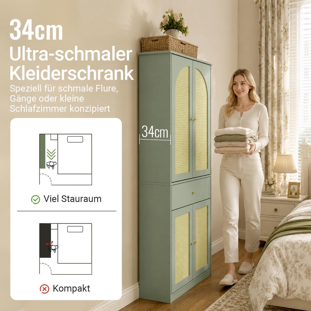KLEIDERSCHRANK mit 4 Türen, 1 Schublade und 5 verstellbaren Böden, 70x34x180 cm - Grün, Holzwerkstoff (70/180/34cm) - SoBuy