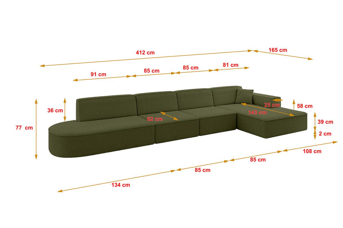 ECKSOFA Ottomane Rechts IREA-L3-v4 - 412x165x77 cm Grün - Platinfarben/Olivgrün, Holzwerkstoff/Textil (412/165cm) - ALTDECOR
