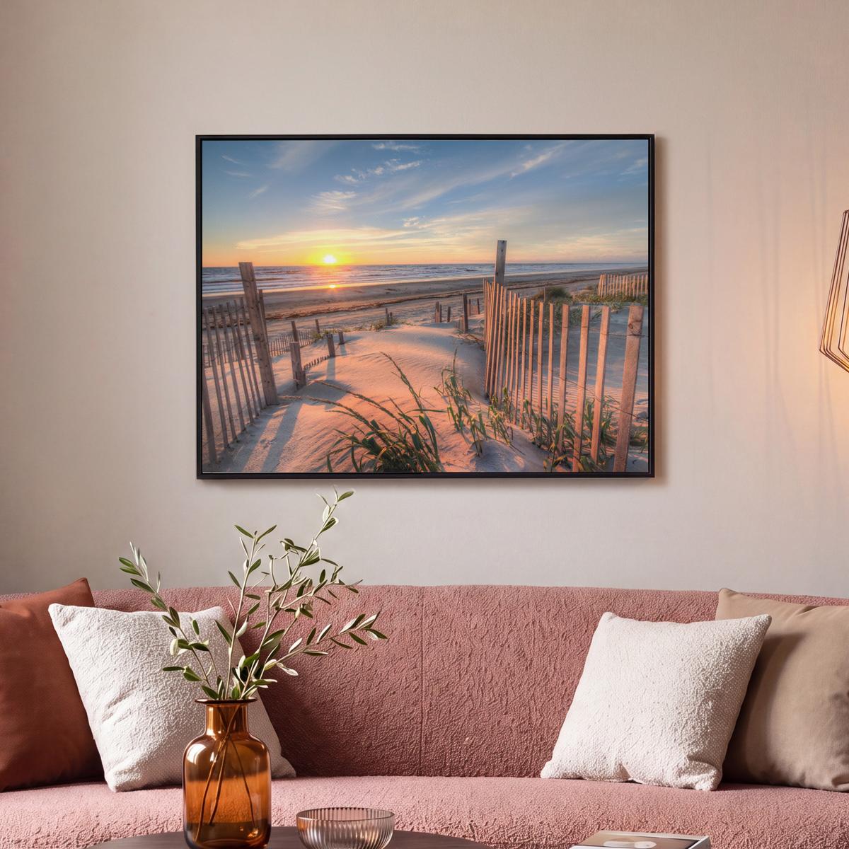 LEINWAND Bilder mit Rahmen - Strand - Meer - Düne - Sonnenuntergang - Landschaft - 80x60 - Beige, Textil (80/60cm) - MuchoWow