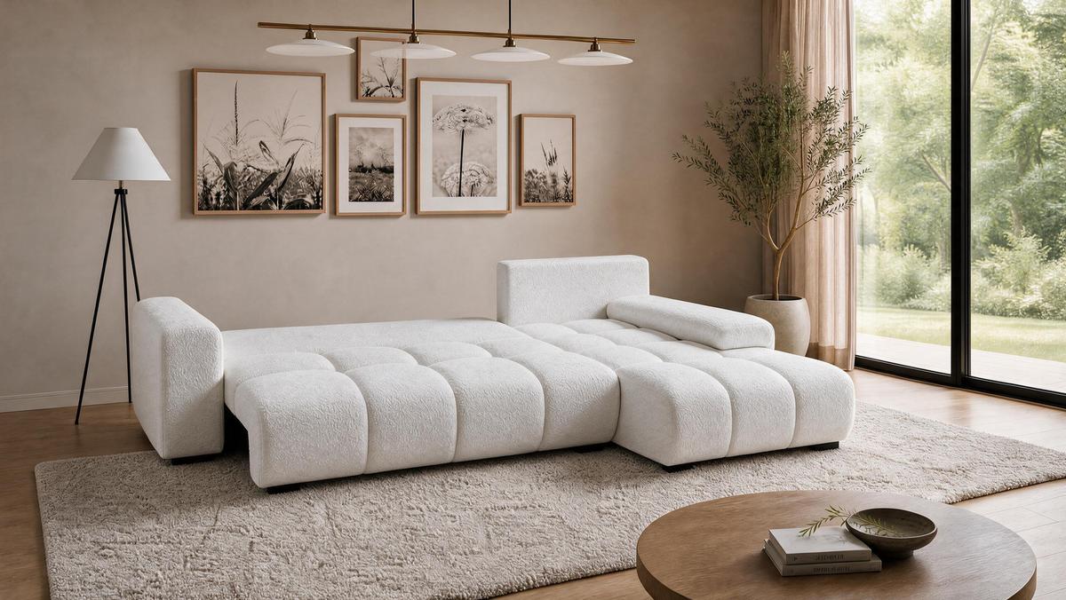 ECKSOFA Ovia mit Bettkasten und Schlaffunktion, Bouclé-Stoff in L-Form - Weiß, Textil (270/185cm)