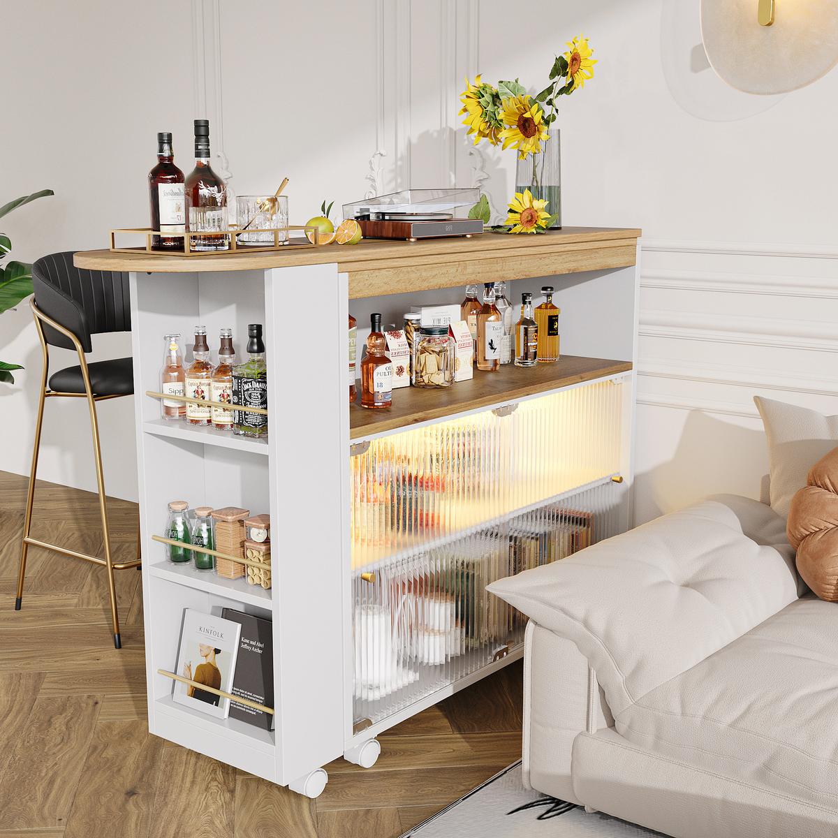 BARTISCH ausziehbar mit led & rollen - Weiß, Holzwerkstoff (39/138/105cm) - Urban Meuble