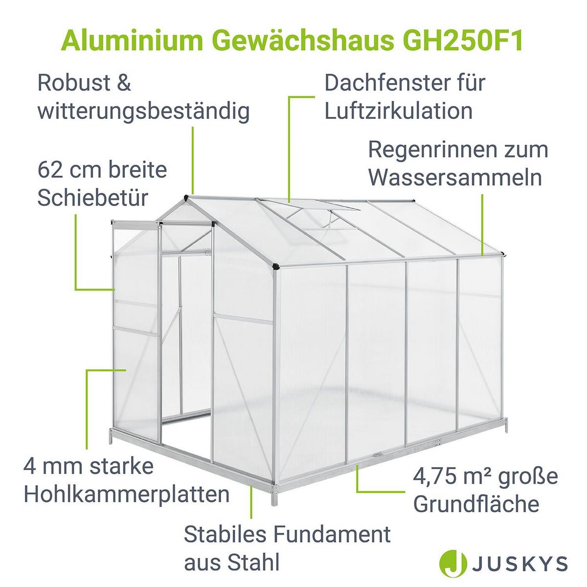 GEWÄCHSHAUS GH250F1 Aluminium 4,75m² - Silberfarben, Metall (190/195/253cm) - Juskys