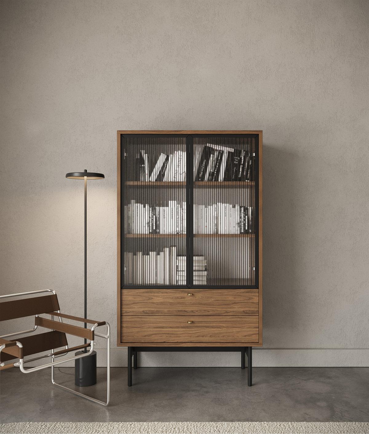 VITRINE Olar II Holzoptik Carini Nussbaum 85 cm - Goldfarben/Schwarz, Holzwerkstoff/Metall (85/150/41cm) - Selsey