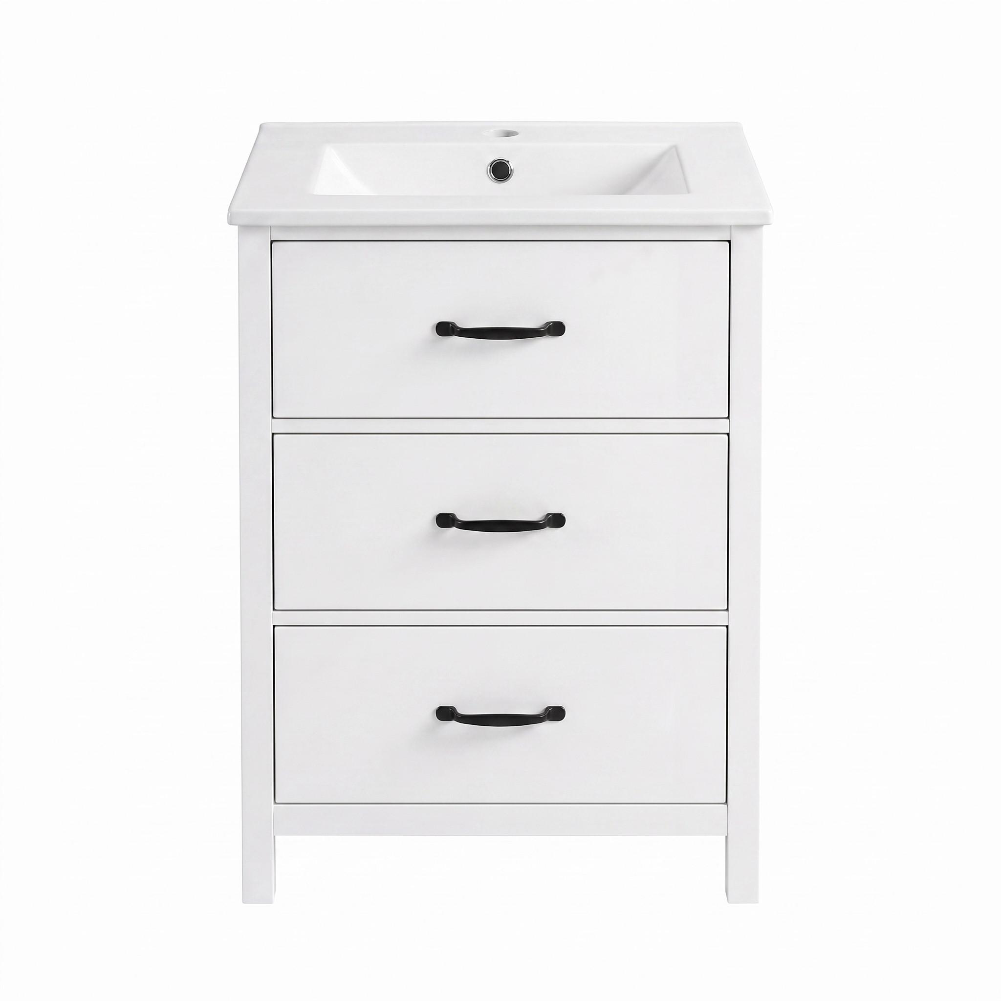 WASCHTISCH Freistehend Weiß mit Keramikbecken & 3 Schubladen - Weiß, Holzwerkstoff (61/83/47cm) - Urban Meuble