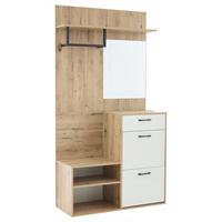 GARDEROBEN-SET 100 cm Weiß Hochglanz & Natur – Kompaktgarderobe mit Spiegel, Schuhbank & Klapptüren - Naturfarben, Holzwerkstoff (100/190/38.5cm) - Urban Meuble