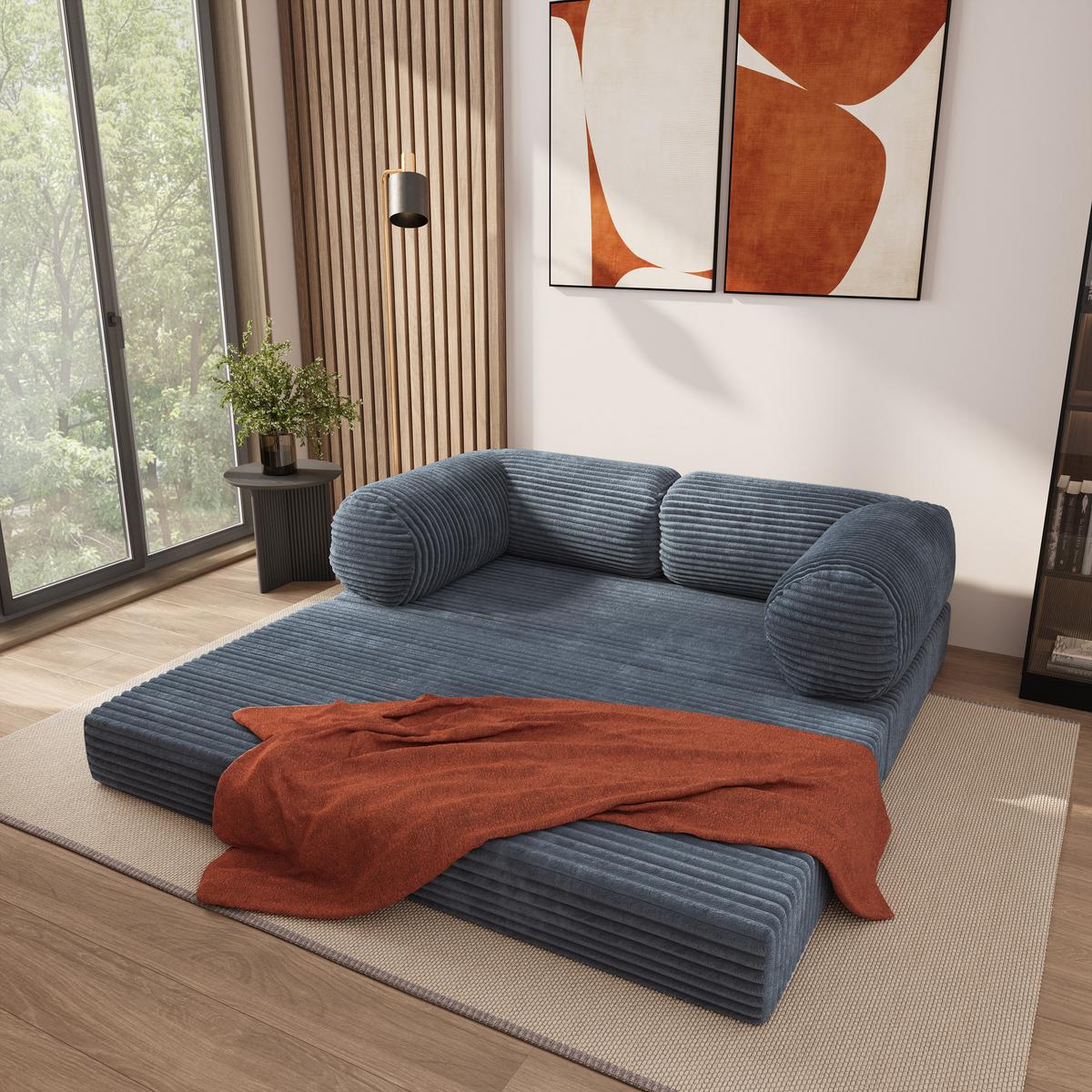 BETTSOFA ALVIO aus Schaumstoff Kordstoff Grau Schlaffunktion - Blaugrau, Textil (170/68/80cm) - MASSENO