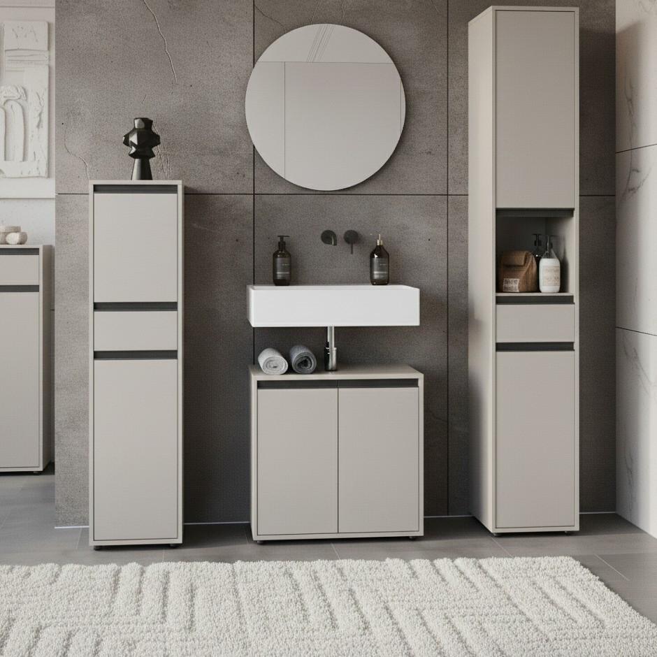 BADMÖBEL-SET HAMBURG 4-teilig | Runder Spiegel, Hochschrank, Unterschrank, Midischrank | Soft-Close & Matt | Steingrau - Grau, Holzwerkstoff (129/181/34cm) - KADIMA DESIGN
