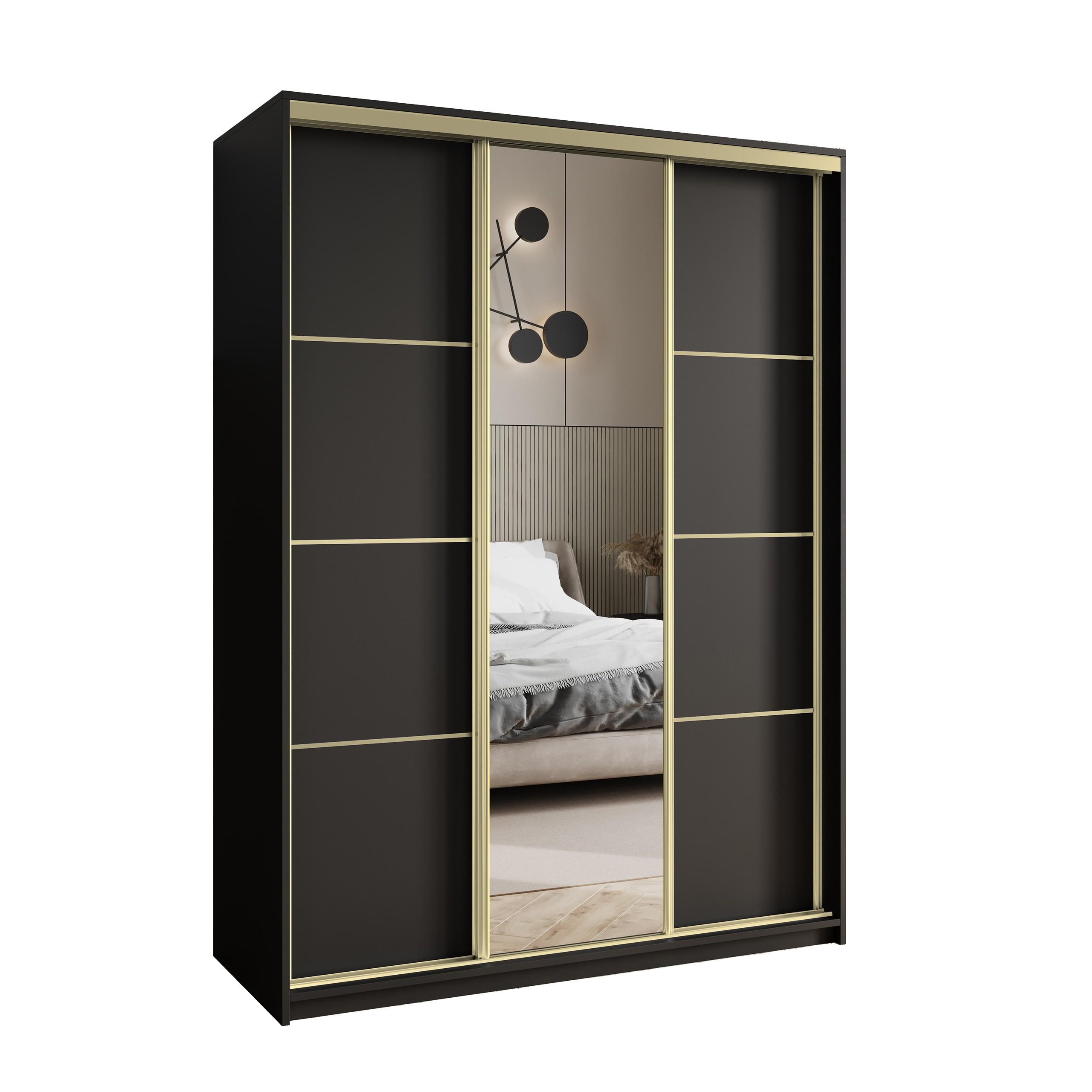 SCHWEBETÜRENSCHRANK VARO 150/205/60 cm 3-türig mit Spiegel Schwarz - Schwarz, Holzwerkstoff (150/205/60cm) - MASSENO