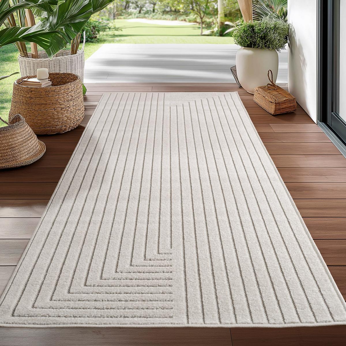 TEPPICH Outdoor ENGADIN in Creme, im Skandi-Stil mit 3D-Design, aus Polypropylen, 80 x 250 cm - Beige, Textil (250/80cm) - KADIMA DESIGN