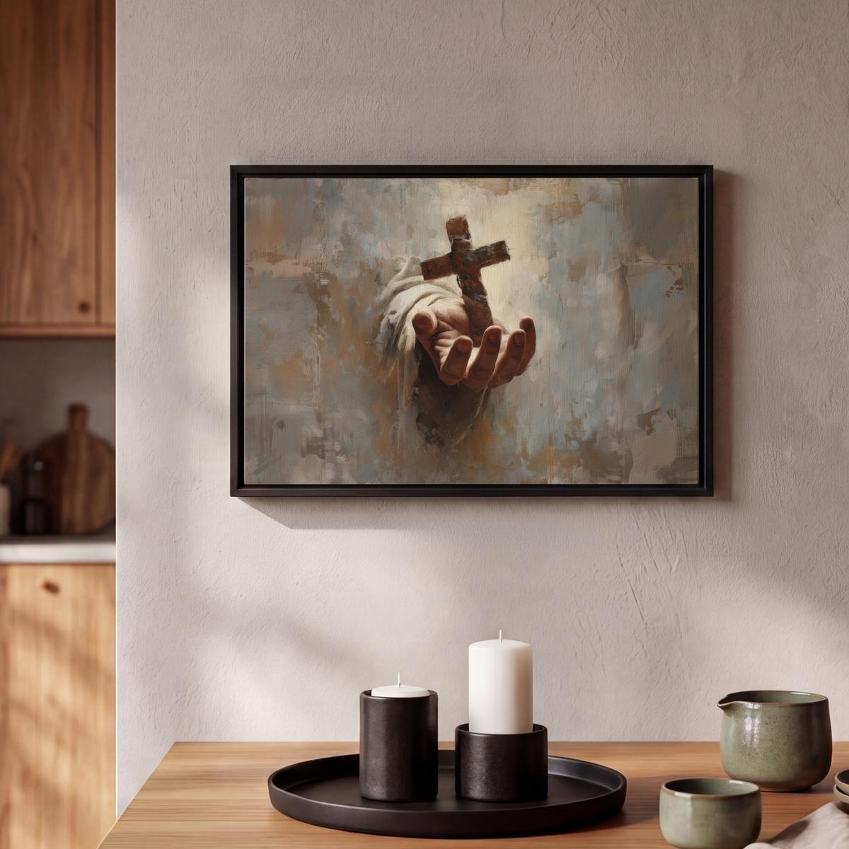 LEINWAND Bilder mit Rahmen - Abstrakt - Kreuz - Hand - Christentum - 30x20 - Hellbraun, Textil (30/20cm) - MuchoWow