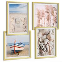 BILDER SET 4er Set - 50x50 cm & 40x60 cm Goldrahmen - Strand, Boot, Muscheln, Gras, Boho-Stil - Goldfarben, Kunststoff (50/50cm) - TULUP