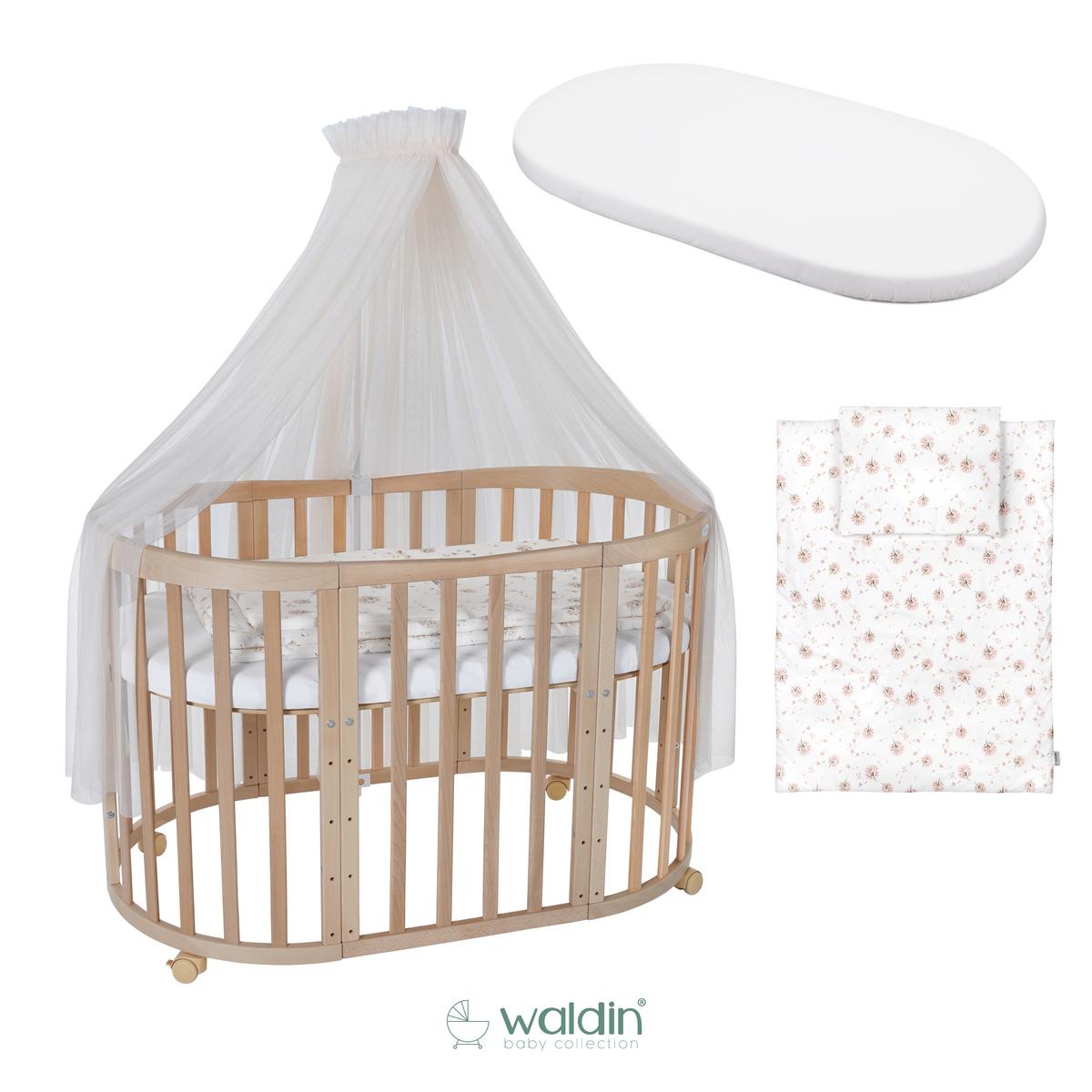 BABYBETT NATUR OVAL 7in1 mit Matratze und Himmelset - Naturfarben/Weiß, Holz/Textil (73/125cm) - waldin