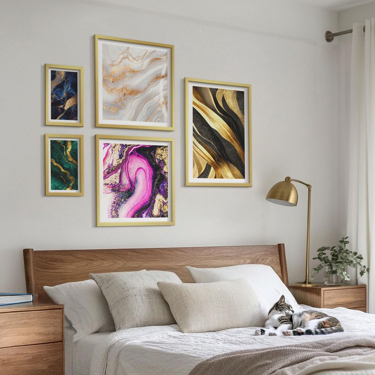 BILDER SET 5er Set - 50x50 cm & 20x30 cm & 40x60 cm Goldrahmen - Abstrakter Marmor mit Farben - Goldfarben, Kunststoff (40/60cm) - TULUP