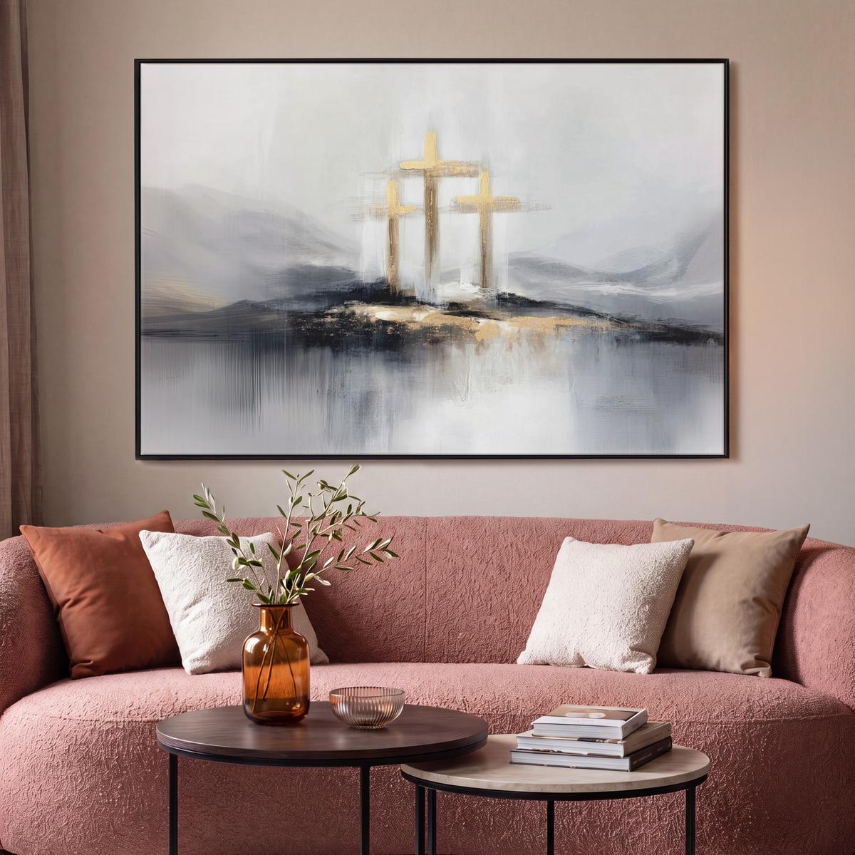 LEINWAND Bilder mit Rahmen - Abstrakt - Malerei - Christentum - Kreuz - 150x100 - Weiß, Textil (150/100cm) - MuchoWow