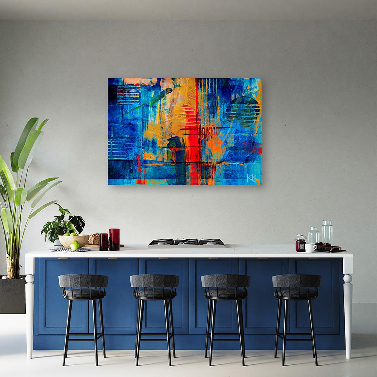 WANDBILD bunte abstraktion handgemalt - Blau, Textil (60/40cm) - Feeby