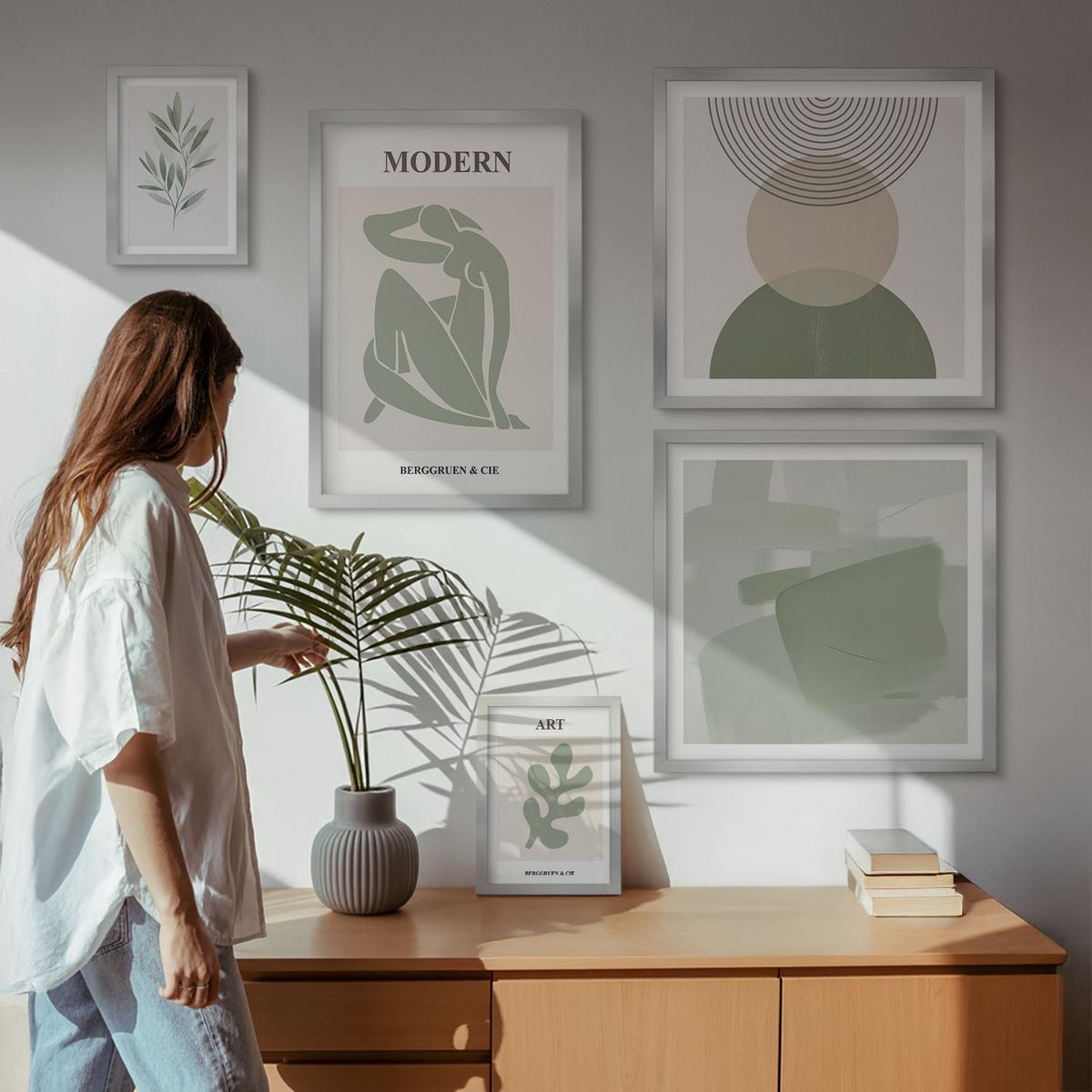 BILDER SET 5er Set - 50x50 cm & 20x30 cm & 40x60 cm Silberner Rahmen - Stilvolle abstrakte Pflanzengrafiken - Silberfarben, Kunststoff (40/60cm) - TULUP