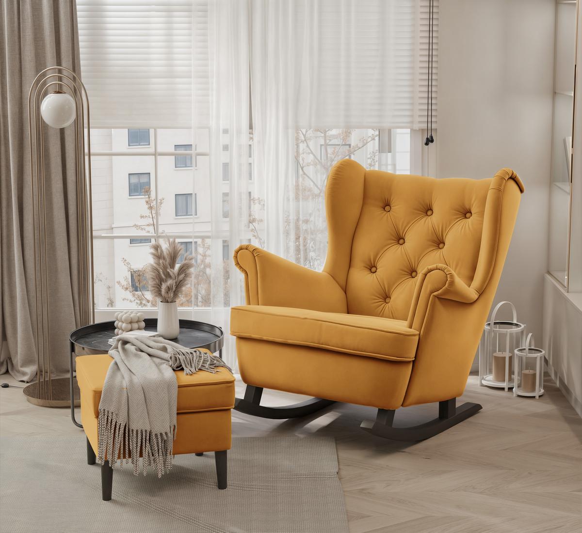 SCHAUKELSESSEL SCANDI mit hocker, Samt Gelb - Gelb, Holz/Textil (75/97/60cm) - Idohome