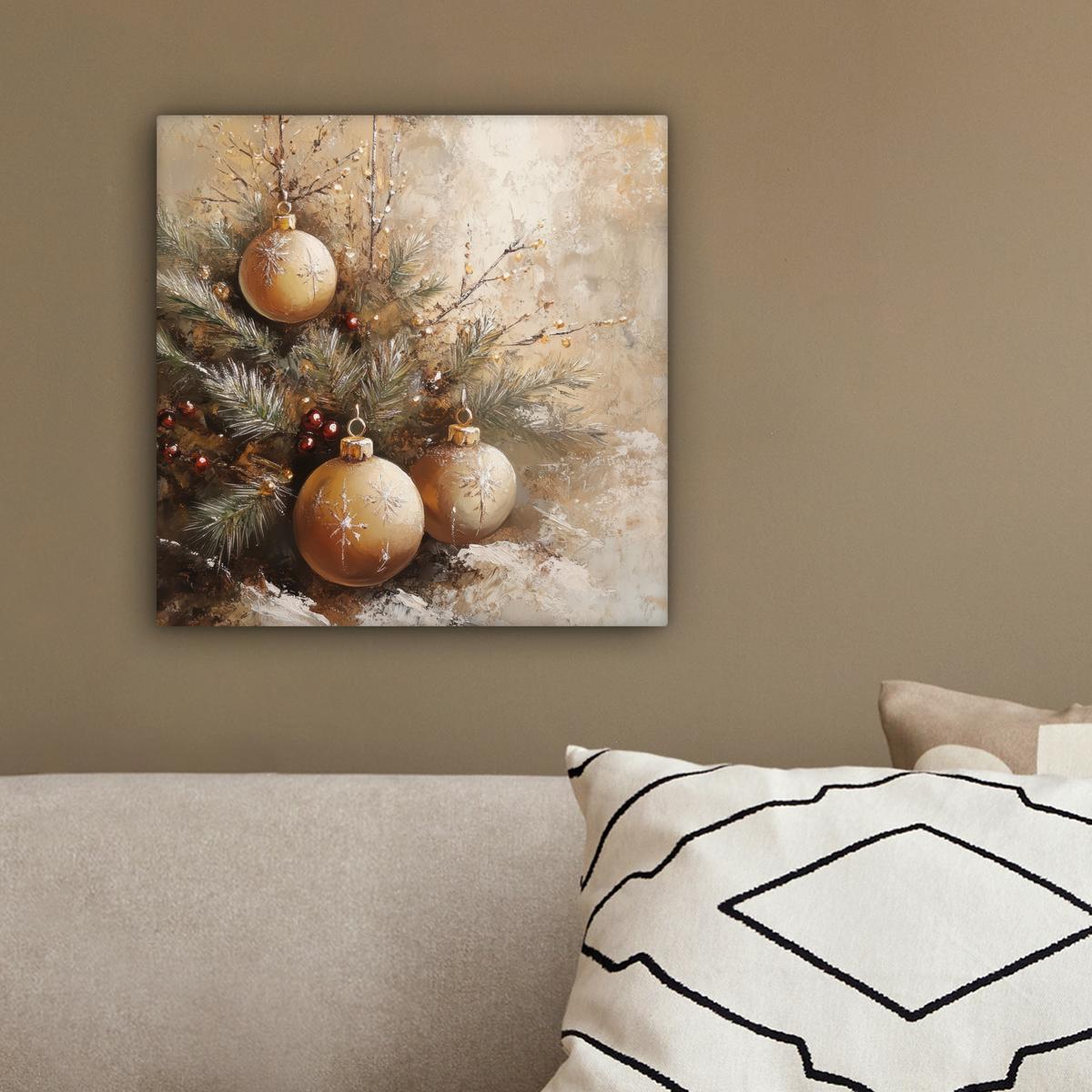 LEINWANDBILD Weihnachten - Kugeln - Beige - Gold Deko Wohnzimmer 20x20 cm - Goldfarben, Textil (20/20cm) - MuchoWow
