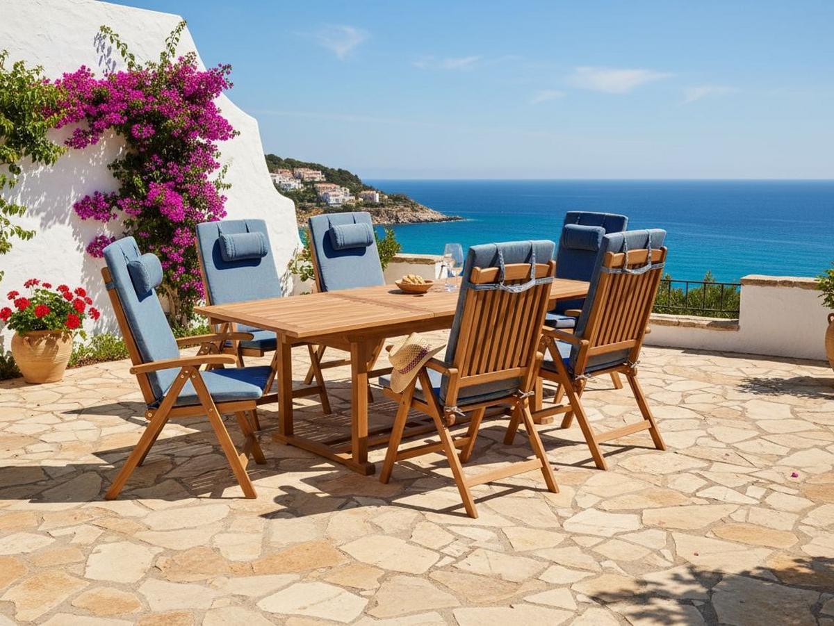 GARTENSTUHL 6er-Set und Sitzkissen Akazienholz Blau Java Premium - Hellbraun, Holz (54/105/69cm) - Beliani