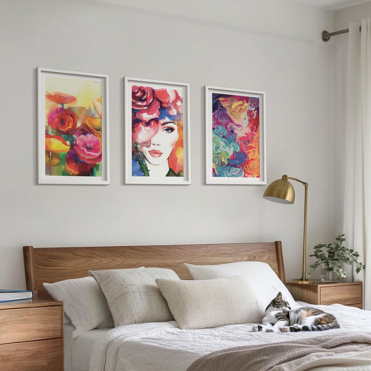 BILDER SET 3er Set - 40x60 cm Weißer Rahmen - Intensives Blumenporträt einer Frau - Weiß, Kunststoff (40/60cm) - TULUP
