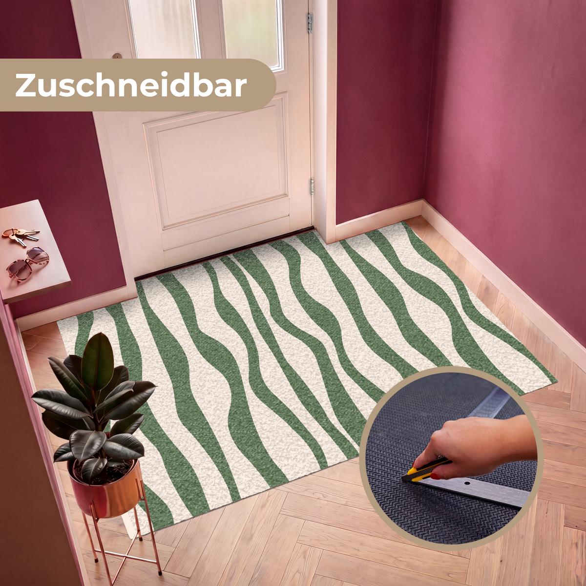 FUSSMATTE Wellenlinien - Beige - Grün - Streifen - Abstrakt Fußabtreter 180x120 cm - Dunkelgrün, Kunststoff (180/0.4cm) - MuchoWow