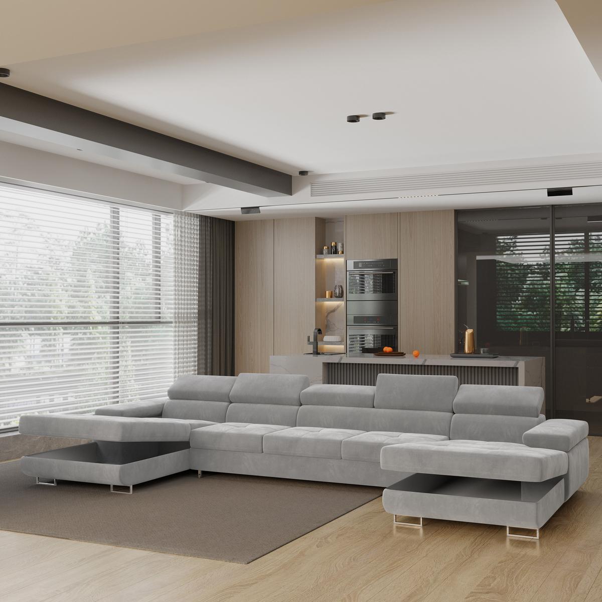 WOHNLANDSCHAFT OMBRA Hellgrau Velours-Stoff mit Schlaffunktion - Hellgrau, Holz (425/90/202cm) - MASSENO