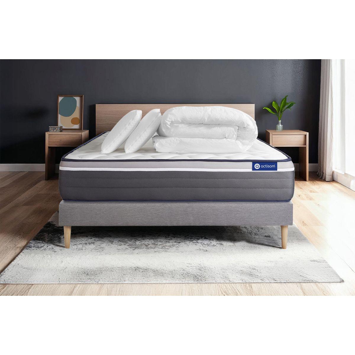 BETT Actimemo plus Memory-Schaum 140 x 200 cm h4 - Kit Bettgestell Grau - Mit Kissen und Bettdecke - Beige/Grau, Karton/Holz (140/200cm) - ACTISOM