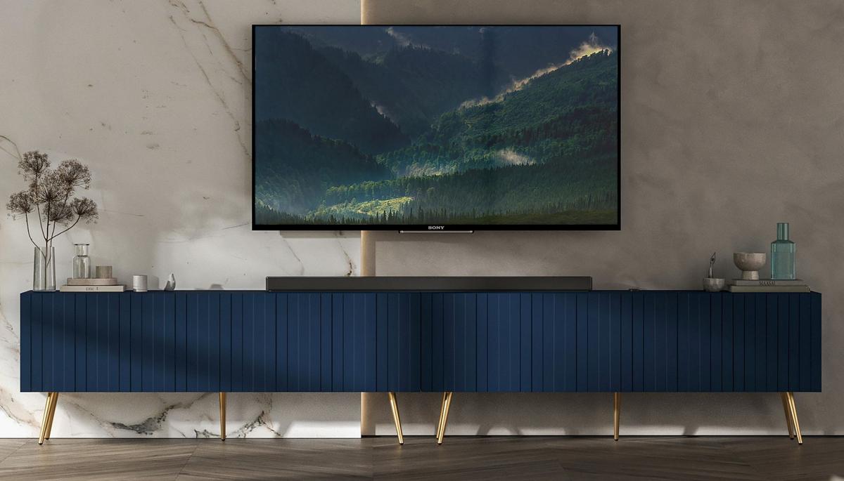 TV-LOWBOARD 2-er Set Elpis Marineblau mit goldenen Metallbeinen 150 cm - Blau/Goldfarben, Holzwerkstoff (300/60.5/36.5cm) - Meble Lindner