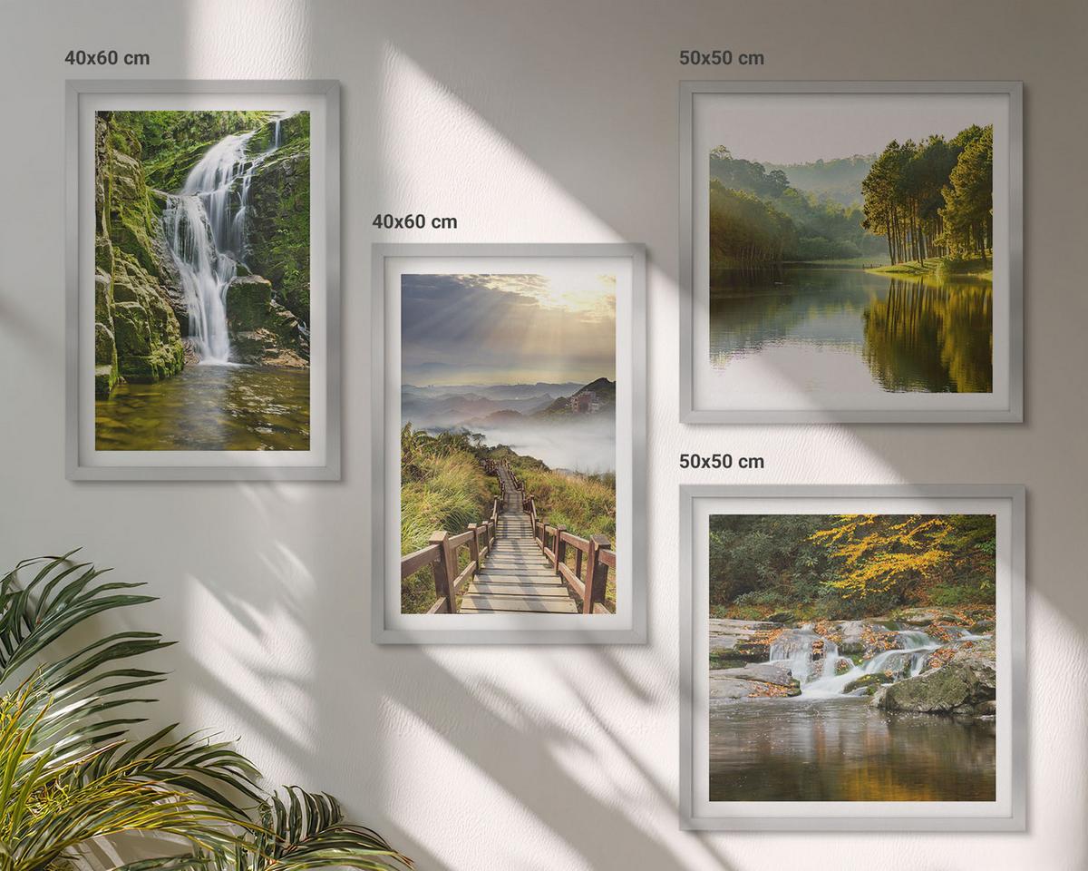 BILDER SET 4er Set - 50x50 cm & 40x60 cm Silberner Rahmen - Wasserfälle, Berge, Wolken, Herbst - Silberfarben, Kunststoff (50/50cm) - TULUP