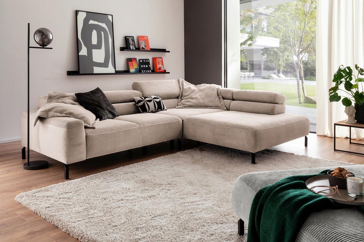 ECKSOFA MIT MOTORISCHEM SITZVORZUG DELIA Taupe Cord Relaxfunktion - Taupe/Schwarz, Textil/Metall (312/219cm) - KAWOLA