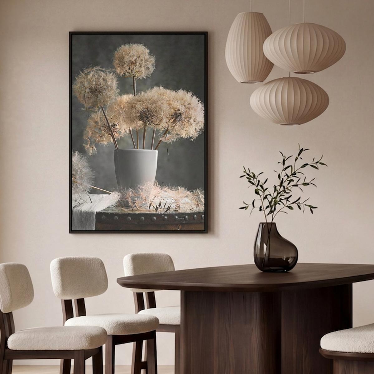 LEINWAND Bilder mit Rahmen - Blumensamen - Löwenzahn - Vase - Stilleben - Blumenstrauß - 90x140 - Dunkelgrau, Textil (90/140cm) - MuchoWow