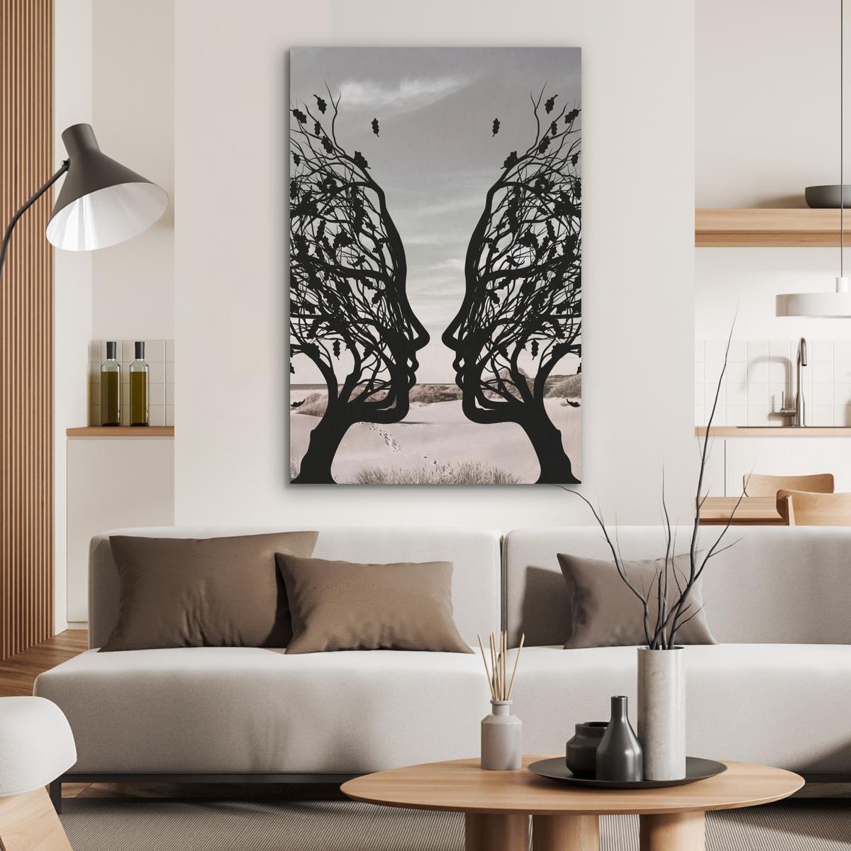 AKUSTIKBILD Strand - Meer - Menschen - Baum - Moderne Kunst Wanddeko 70x100 cm - Hellgrau, Kunststoff (70/100/0.9cm) - MuchoWow
