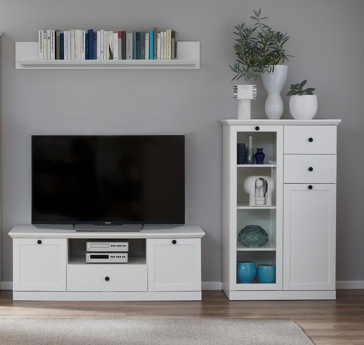 WOHNWAND 3-teilig in weiß Landhaus, Schrankwand 273 x 196 cm - Silberfarben/Weiß, Glas/Holzwerkstoff (273/180/41cm) - Top.Furn
