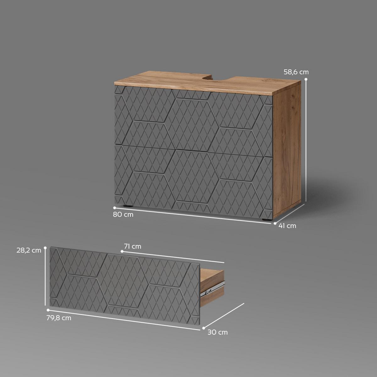 WASCHBECKENUNTERSCHRANK Ronco Anthrazit mit Wabenstruktur 80 x 58.6 cm mit 2 Schubladen - Anthrazit, Holzwerkstoff (80/58.6/41cm) - Livinity®