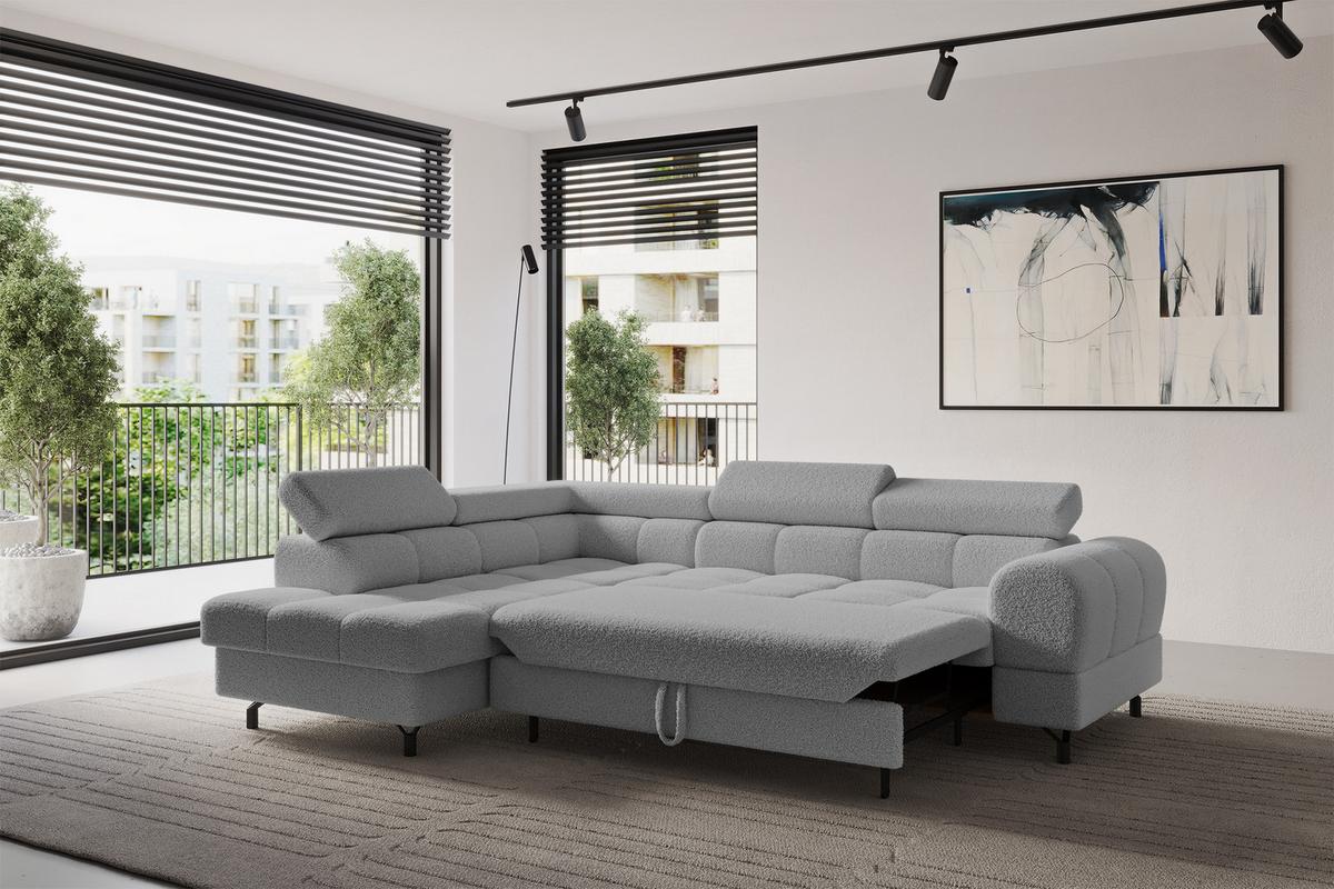 ECKSOFA mit Schlaffunktion Ottomane Links LUMA-L 272x203x70 Hellgrau Bouclé - Edelstahlfarben/Schwarz, Holzwerkstoff/Kunststoff (272/203cm) - ALTDECOR