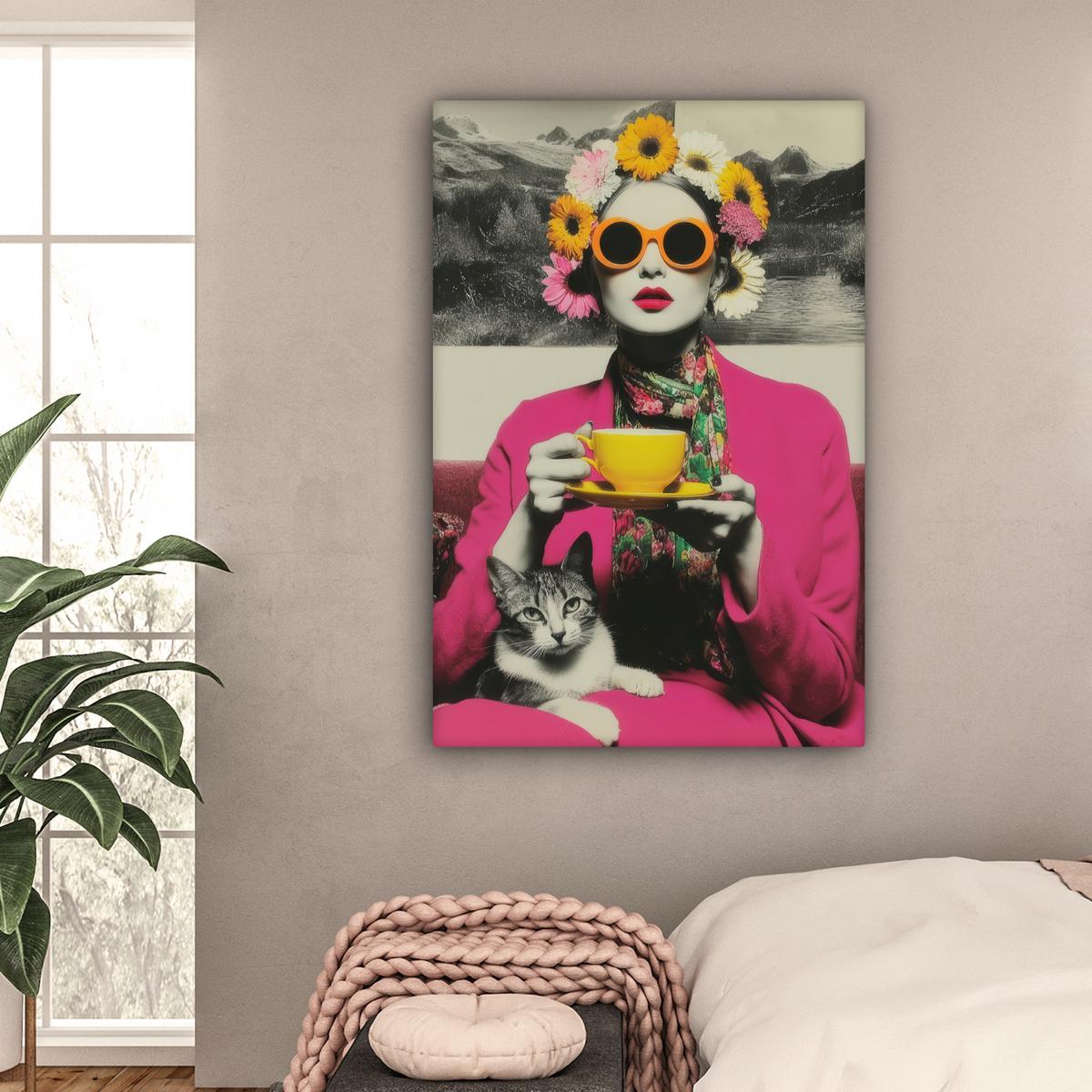 LEINWANDBILD Frau - Katze - Blumen - Tasse - Retro Deko XXL 80x120 cm - Magenta, Textil (80/120cm) - MuchoWow