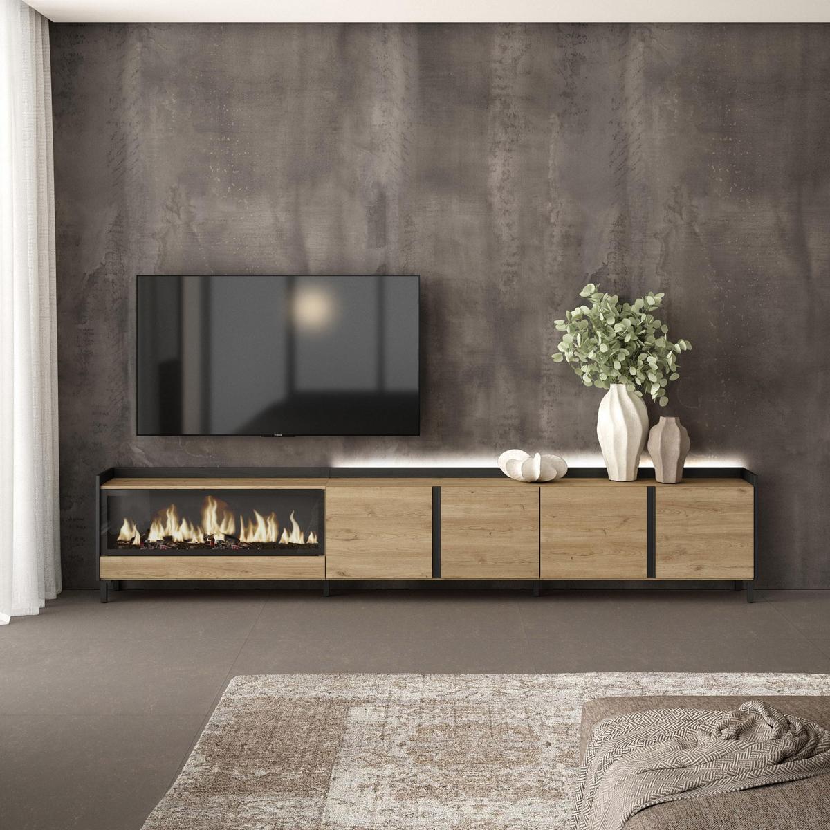 LOWBOARD, Eiche und Schwarz, 315/35/61cm, Kamin mit Feuereffekt XXL - Eichefarben, Holzwerkstoff (315/61/35cm) - Skraut Home