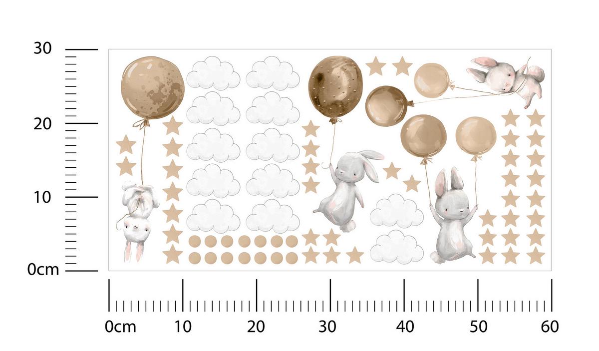 WANDAUFKLEBER SET Hasen Ballons Wolken Sterne 60x30 - Beige/Braun, Papier (60/30/1cm) - Muralo
