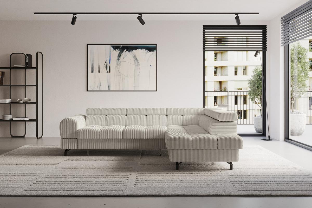 ECKSOFA mit Schlaffunktion Ottomane Rechts LUMA-L 272x203x70 Creme Cord - Creme/Schwarz, Holzwerkstoff/Kunststoff (203/272cm) - ALTDECOR