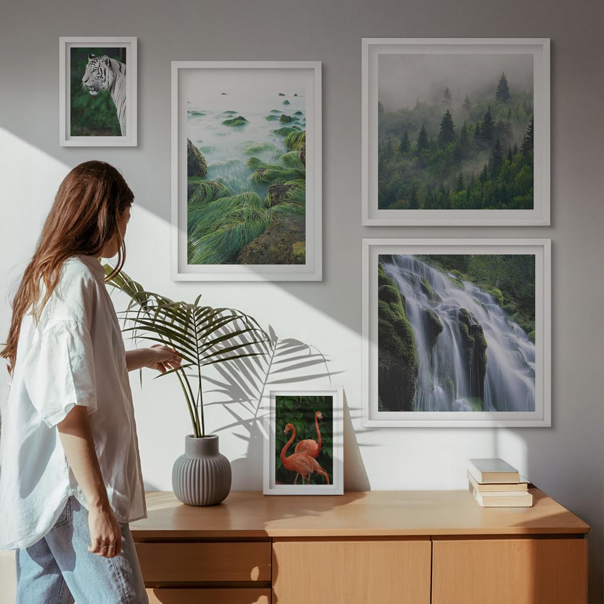 BILDER SET 5er Set - 50x50 cm & 20x30 cm & 40x60 cm Weißer Rahmen - Tiger Wasserfall Flamingos Natur - Weiß, Kunststoff (40/60cm) - TULUP