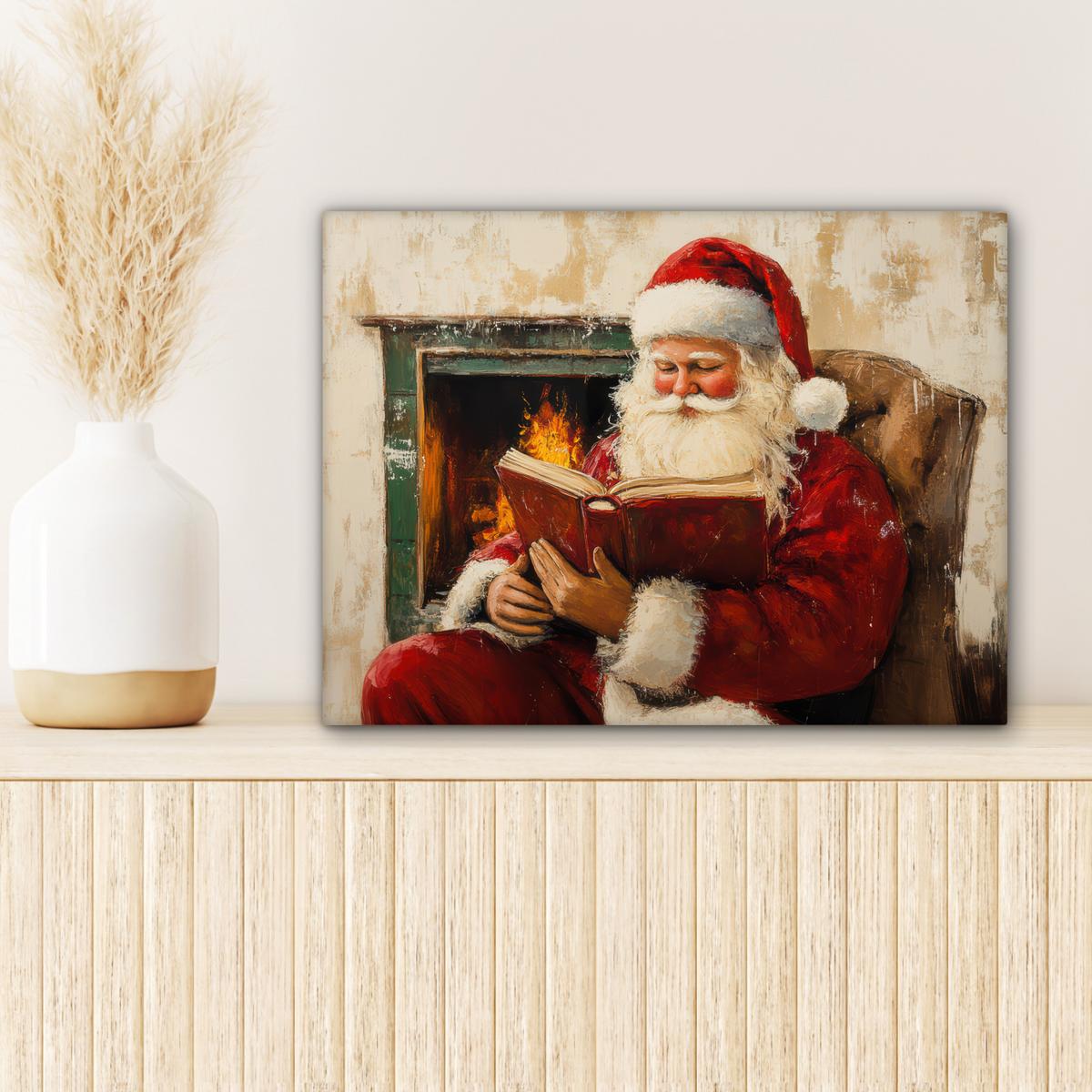 LEINWANDBILD Weihnachten - Weihnachtsmann - Winter - Open Fireside Wandbild 40x30 cm - Dunkelrot, Textil (40/30cm) - MuchoWow