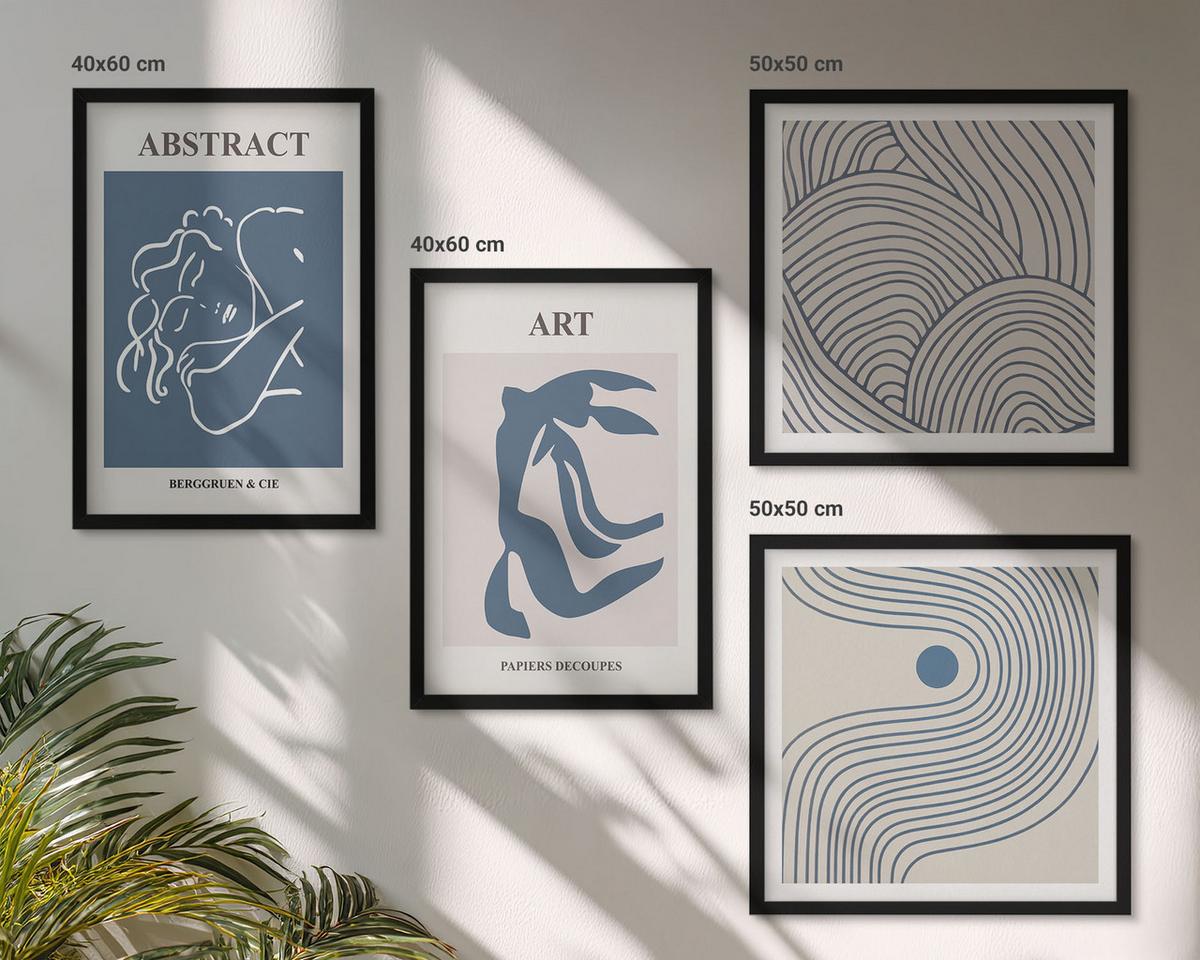 BILDER SET 4er Set - 50x50 cm & 40x60 cm Schwarzer Rahmen - Poster mit abstrakten Linien und Wellen - Schwarz, Kunststoff (50/50cm) - TULUP