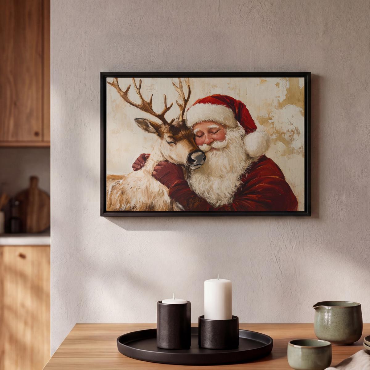 LEINWAND Bilder mit Rahmen - Weihnachtsmann - Rentier - Weihnachten - 30x20 - Rotbraun, Textil (30/20cm) - MuchoWow