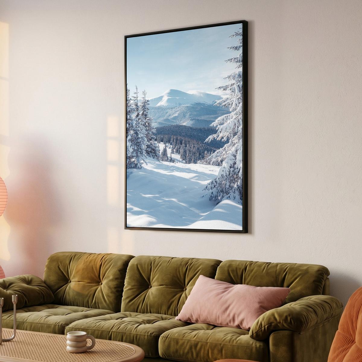 LEINWAND Bilder mit Rahmen - Winterlandschaft - Natur - Berge - Bäume - Schnee - 80x120 - Hellblau, Textil (80/120cm) - MuchoWow