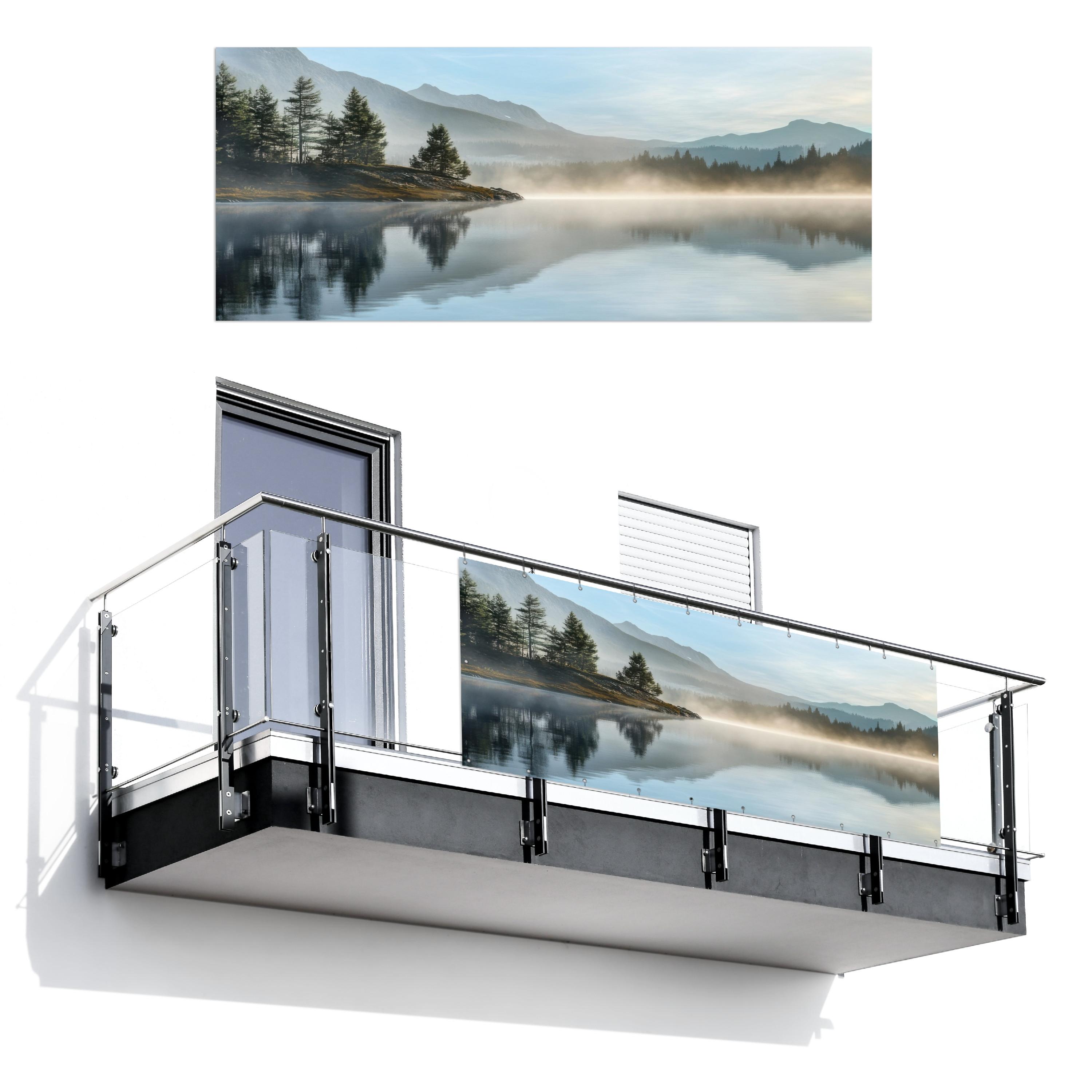 BALKON-SICHTSCHUTZ See - Nebel - Berge - Landschaft Balkon Deko 300x120 cm - Hellblau, Kunststoff (300/120cm) - MuchoWow