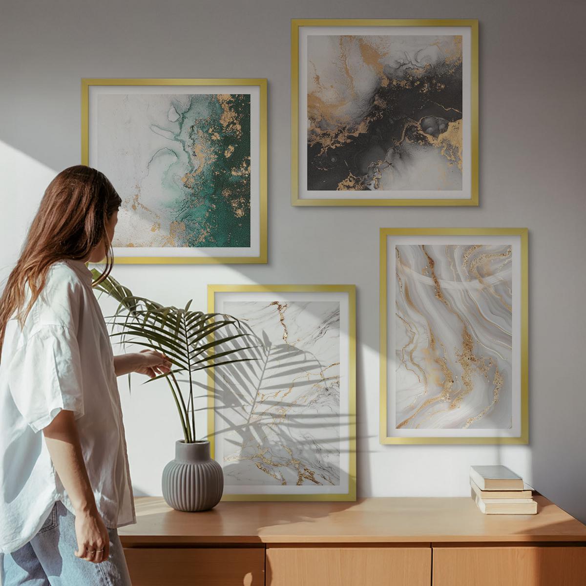 BILDER SET 4er Set - 50x50 cm & 40x60 cm Goldrahmen - Abstrakte Muster weiß schwarz grün - Goldfarben, Kunststoff (50/50cm) - TULUP