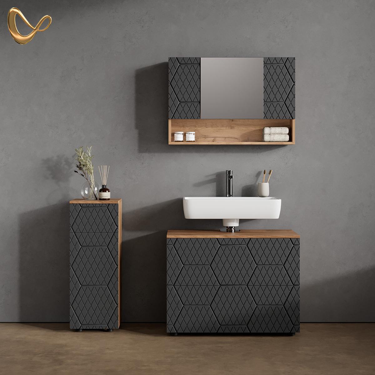 BADMÖBEL-SET Ronco Anthrazit mit Wabenstruktur 3 Teile, mit Schubladenschrank und Midischrank - Anthrazit, Holzwerkstoff (80/58/41cm) - Livinity®